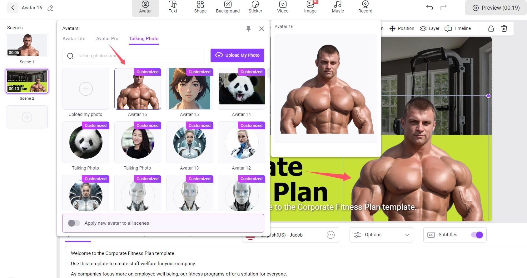 Add Avatar to Create AI Bodybuilder Video