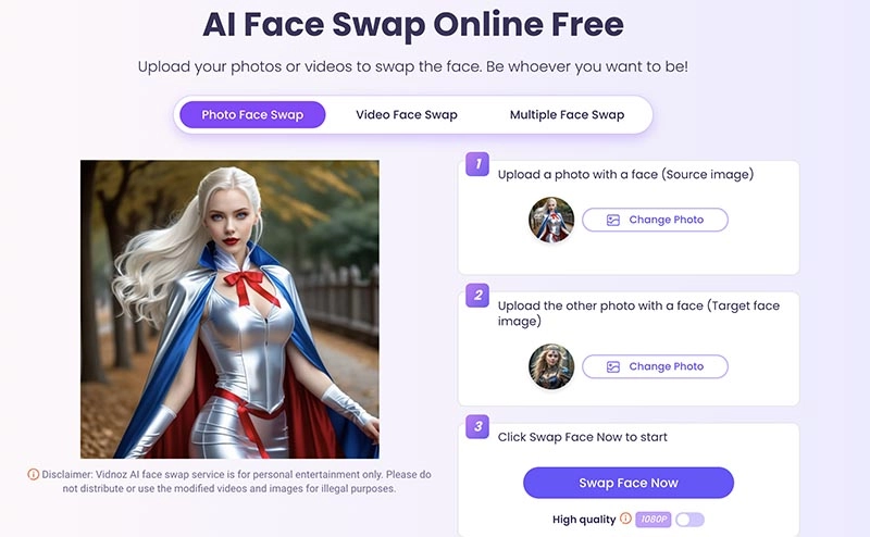 AI Cosplay Generator Vidnoz Face Swap Upload