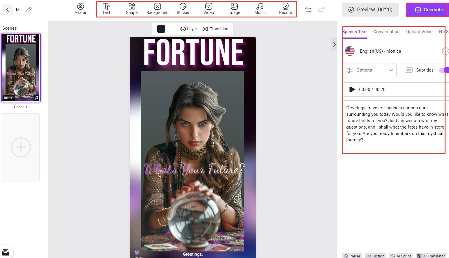 AI Fortune Teller Vidnoz Create Video