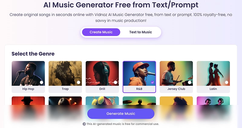 AI Music Generator with Vocals Vidnoz Genre