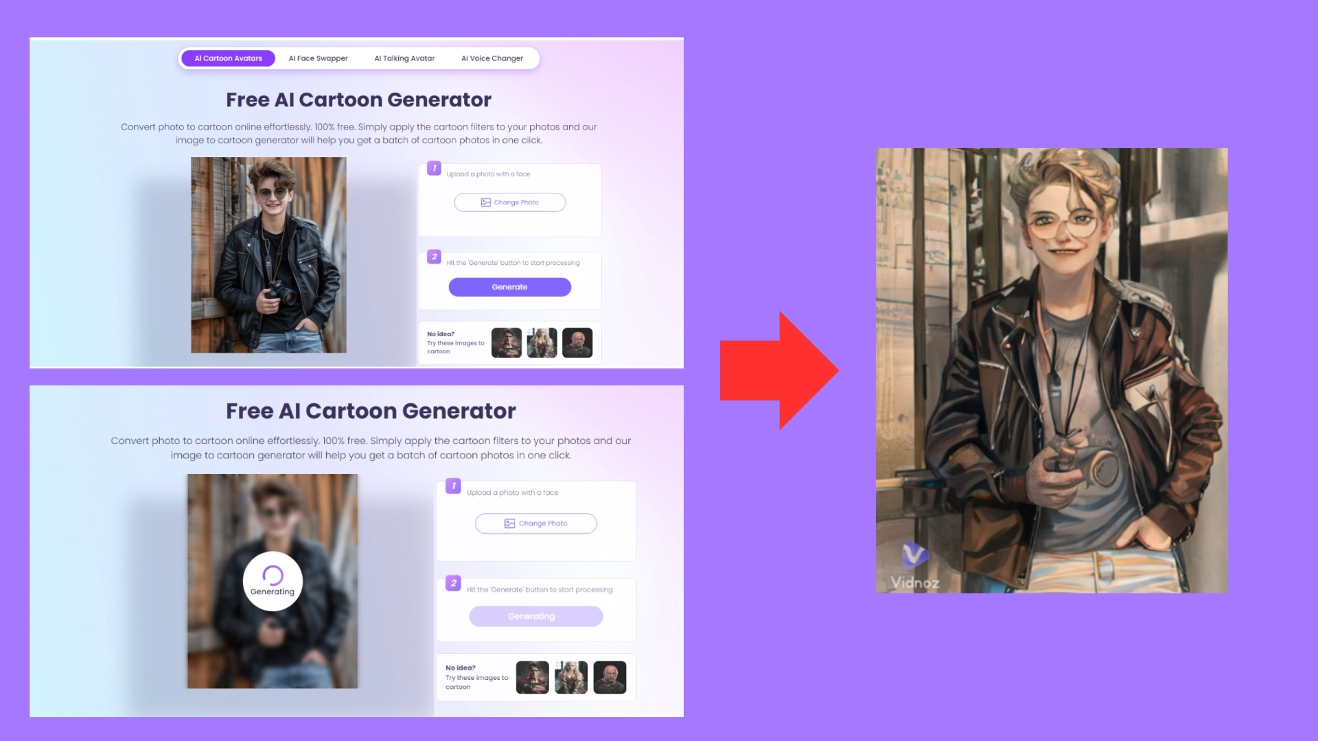 AI Transform Image Vidnoz Cartoon Generate
