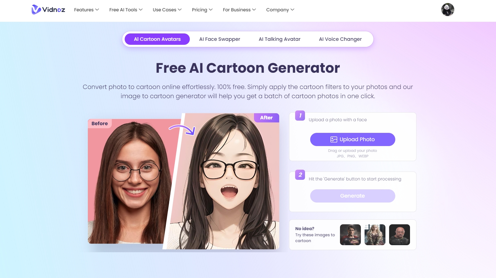 AI Transform Image Vidnoz Cartoon Generator