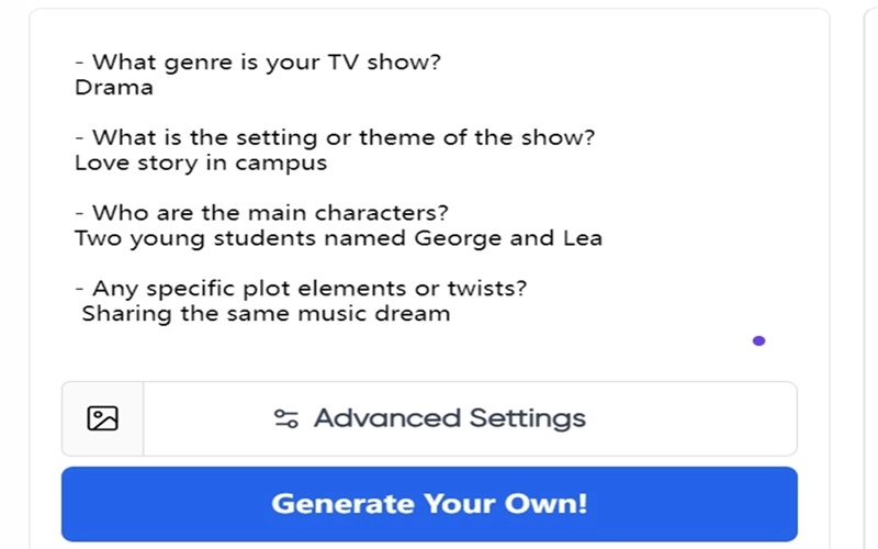 AI TV Show Generator Vondy Step 1