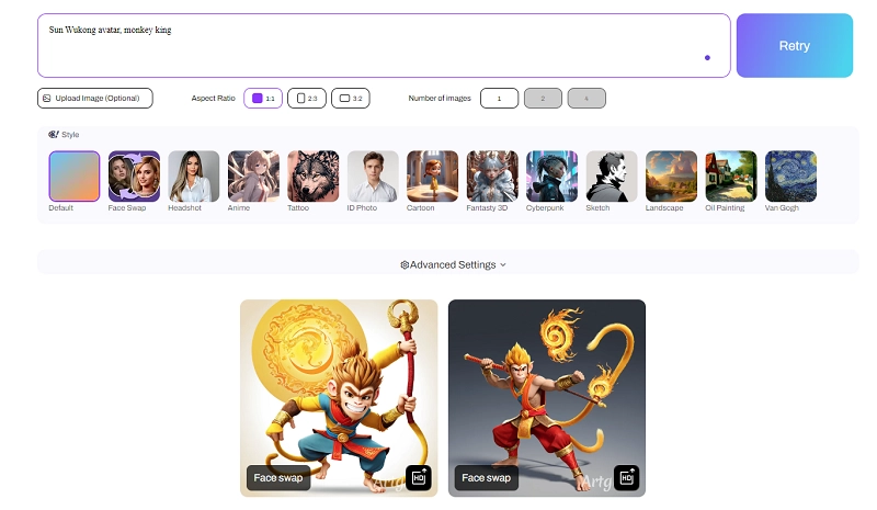 Artguru AI Image Generator for Sun Wukong Avatar