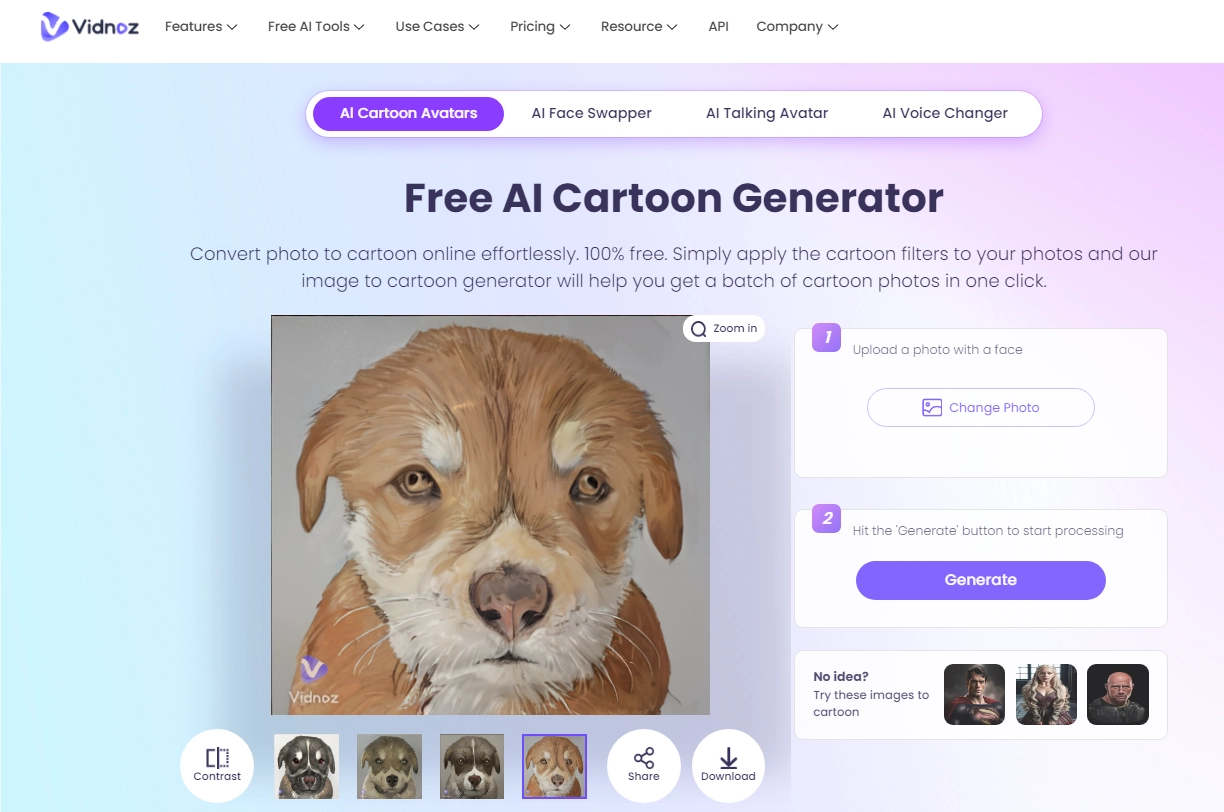 Cartoonize Dog with Vidnoz AI Cartoon Generator