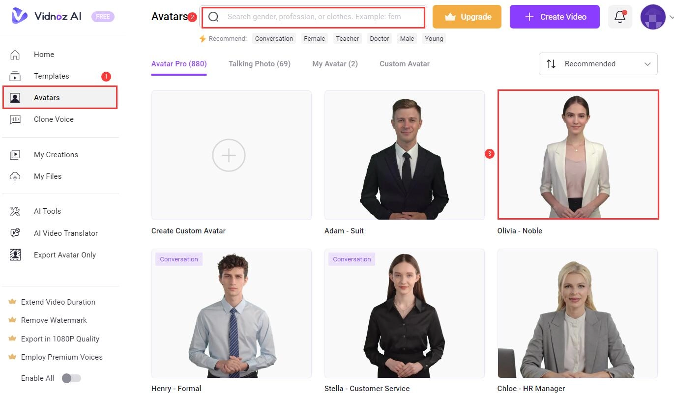 Choose Preferred AI Human from the AI Avatars