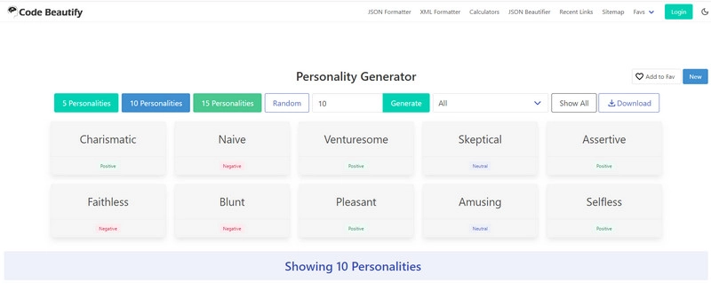 Code Beautify Personality Generator