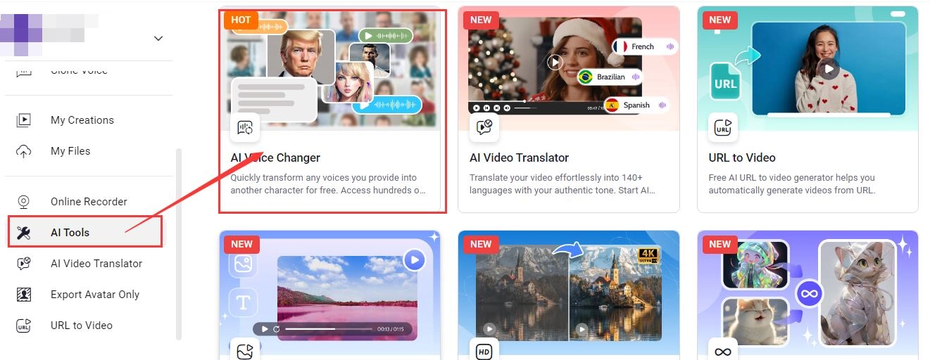 Find AI Voice Changer under AI Tools Panel
