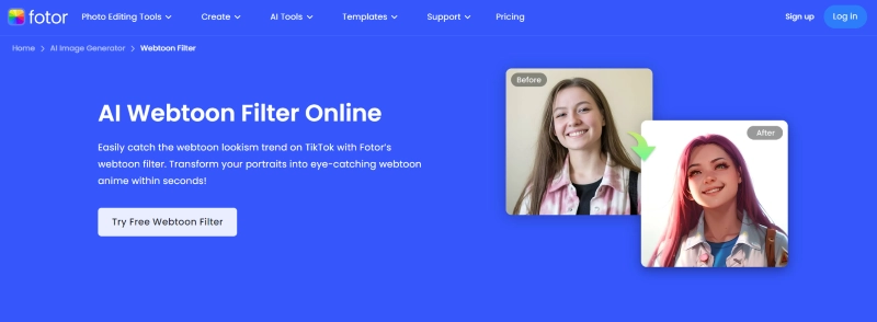 Fotor - AI Webtoons Filter Website