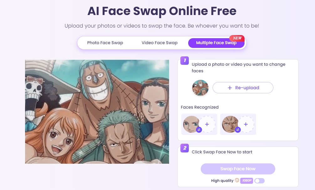 One Piece Face Swap Vidnoz Upload Multiple