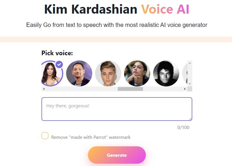 Parrot AI Kim Kardashian AI Voice Generator with Examples
