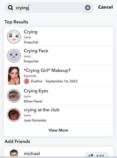 Search For Crying Filters on Snapchat