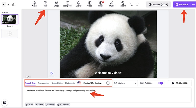 Talking Panda Vidnoz AI Generate Video