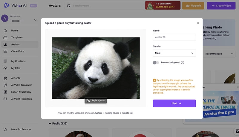 Talking Panda Vidnoz AI Upload Image