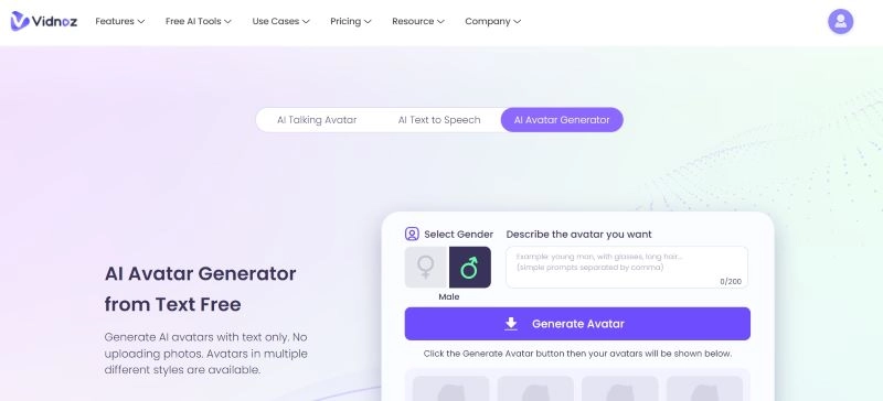 The Interface of Male Avatar Creator Vidnoz AI Avatar Generator