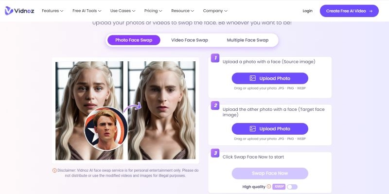 Upload a Photo with Vidnoz AI Swap Face