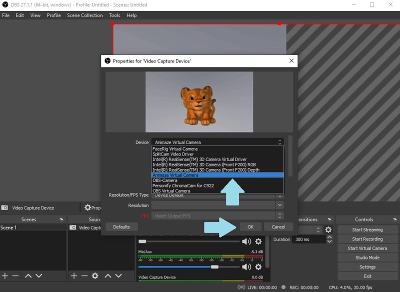 Use Animaze Virtual Camera on OBS