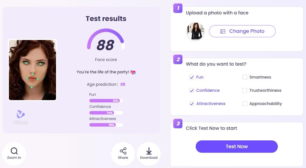 Vidnoz AI Attractiveness Test Result