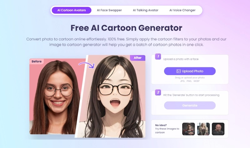 Vidnoz AI Cartoon Generator - Best Free AI Webtoon Filter Alternative