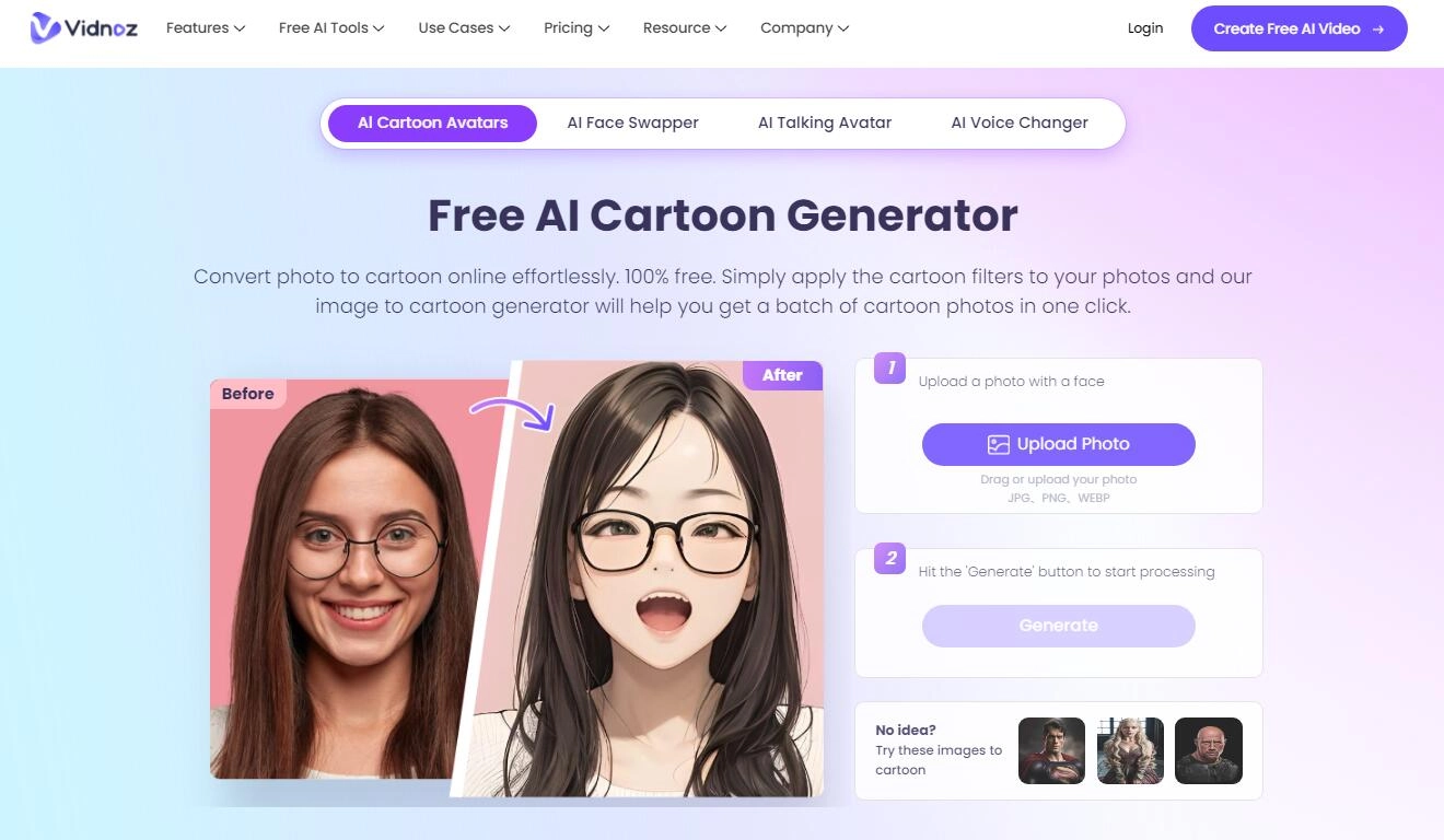Vidnoz AI Cartoon Generator Free Online