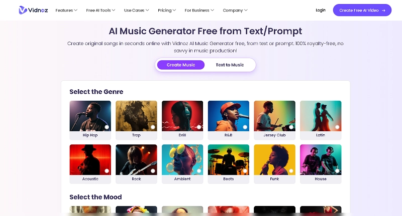 Vidnoz AI Music Generator Interface for Creating Original Music