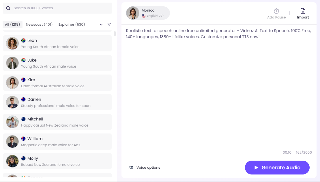 Vidnoz AI Text to Speech with Lifelike Voice