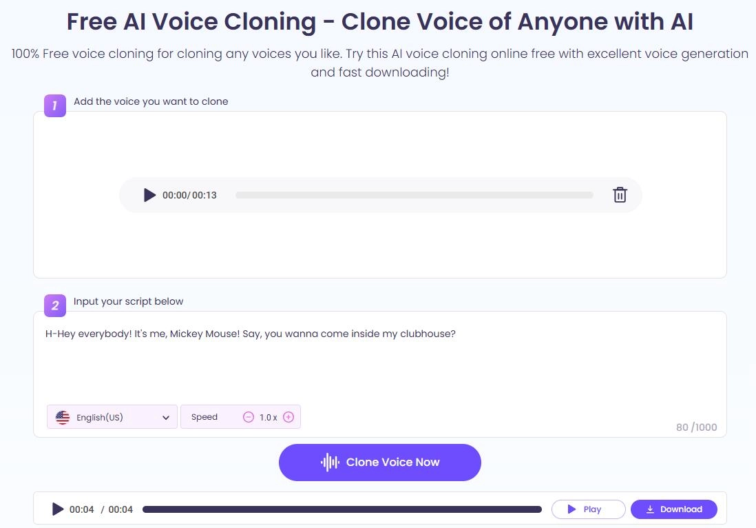 Vidnoz AI Voice Clone Mickey Mouse Voice