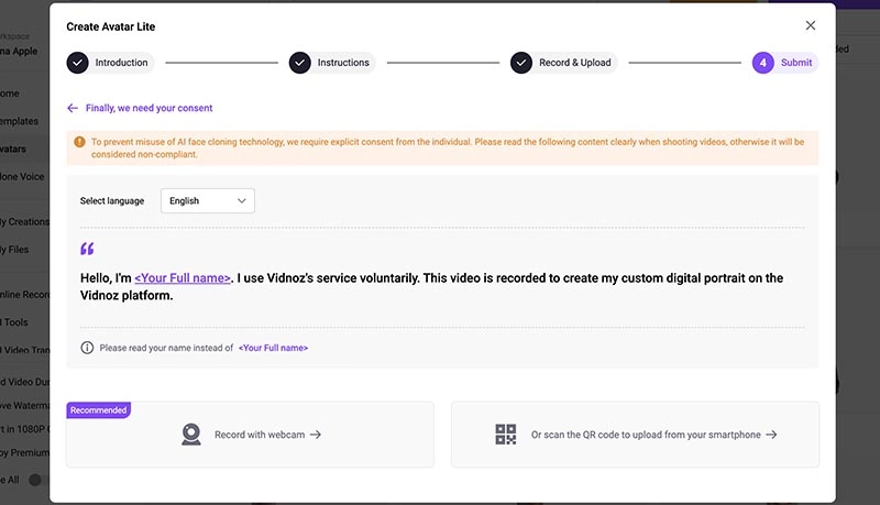 Voice Avatars Vidnoz Avatar Lite Consent