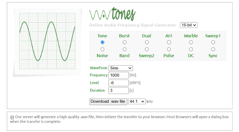 Wavtones Online Tone Generator - Multiple Preset Modes